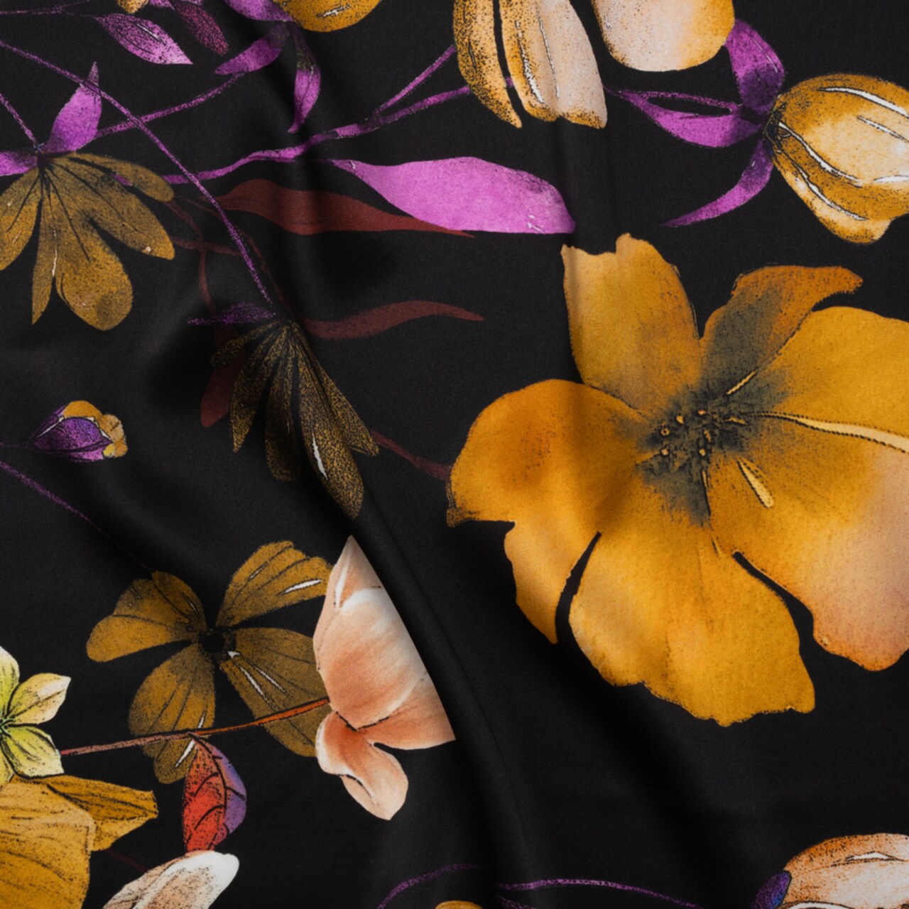 1 Yard Italian Black Purple and Yellow Ochre Floral Silk Charmeuse Fabric 53 inch Width